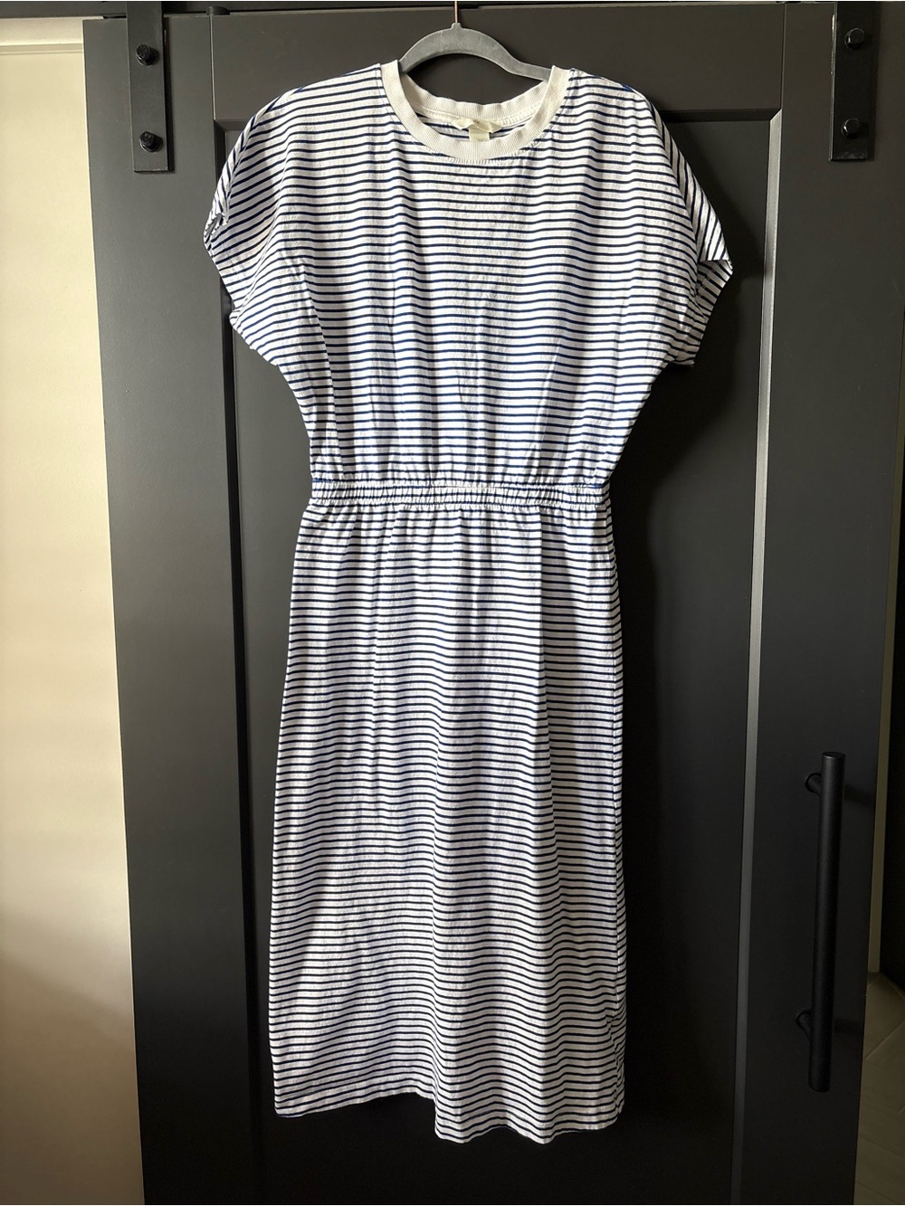 H&M Navy and White Striped Midi Dress with Elastic Waist